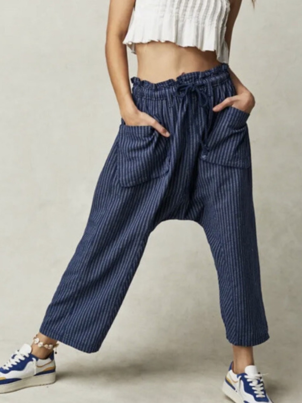 Free People Runyon oversize stripe harem blue drawstring pant size M